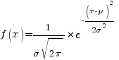 f(x) ={{1}/{sigma sqrt{2 pi}}}*e^{-{(x-mu)^2}/{2sigma^2} }
